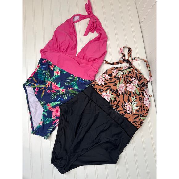 NWT Cupshe Halter Tummy Control & Floral & Animal One-Piece Swimsuit Bundle Sz L - Picture 2 of 11